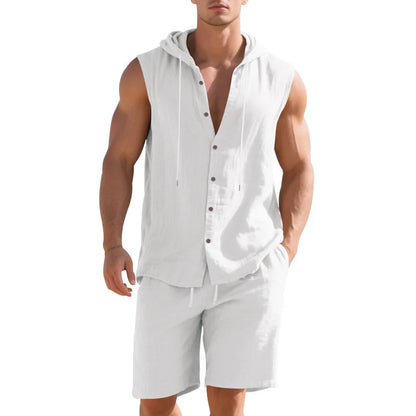 Linen Hooded Sleeveless Shirt Set