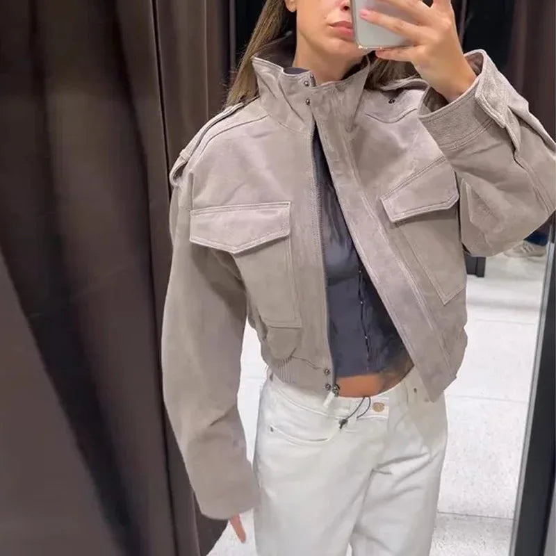 Faux Suede Cargo Jacket