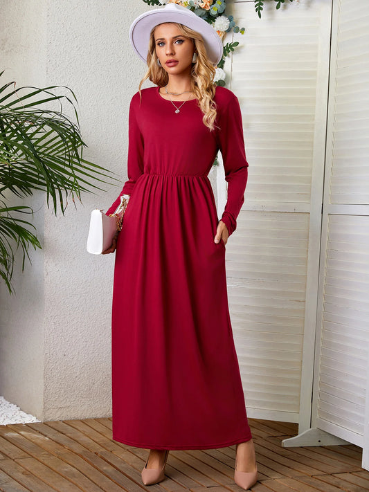 Autumn Winter Solid Color Pocket Maxi Dress