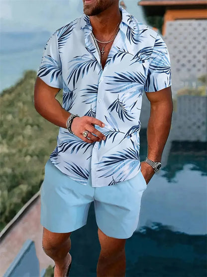 3D Leaf Print Hawaiian Shirt Set