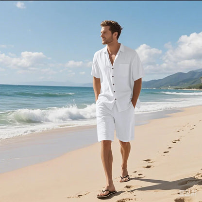 Solid Linen Lapel Shirt Set