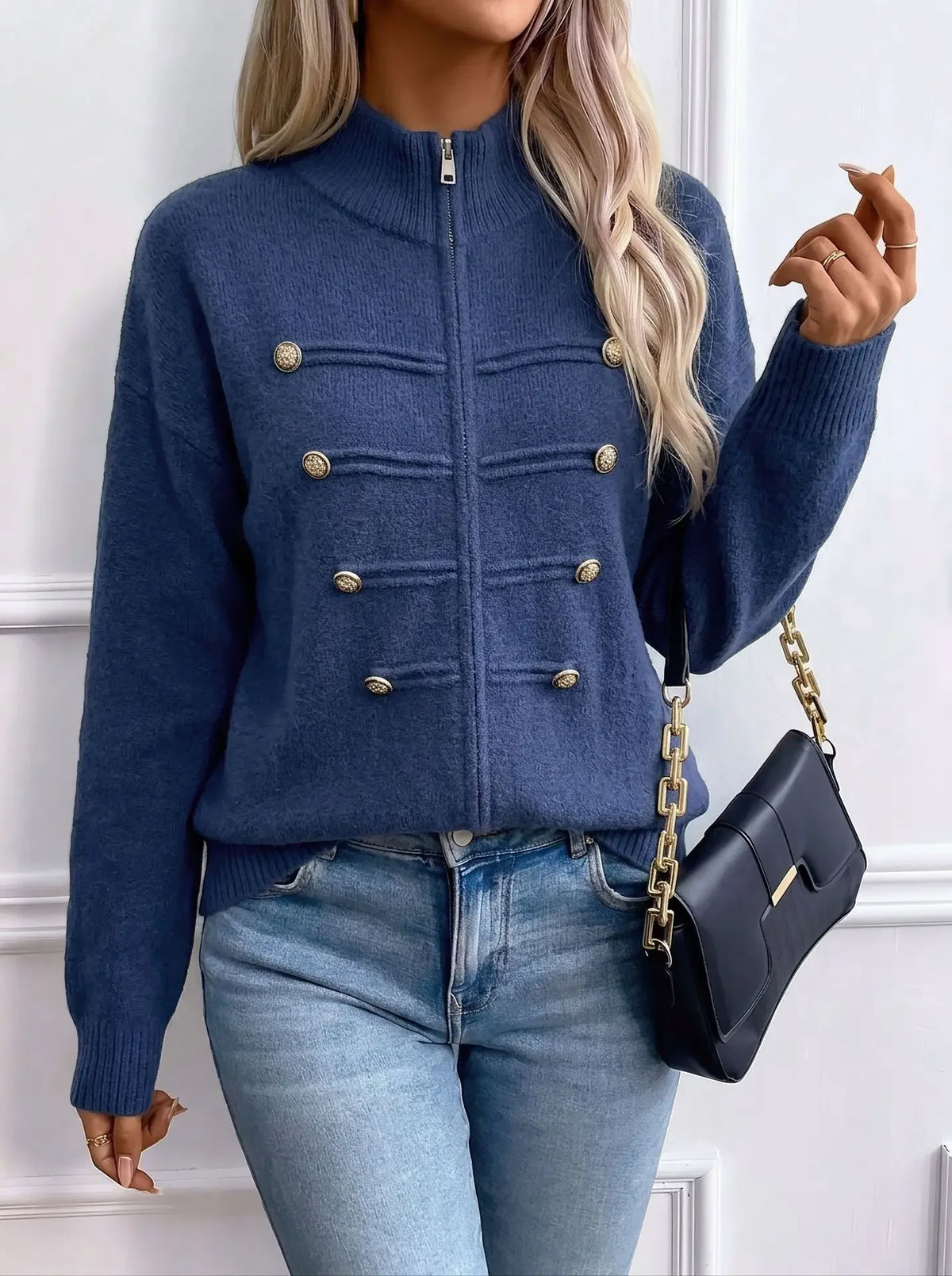 Stand Collar Zip Knit Cardigan