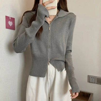 Double-Zip Hooded Knit Jacket