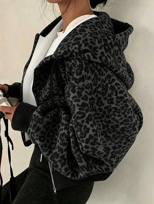 Grey Leopard Zip Hoodie