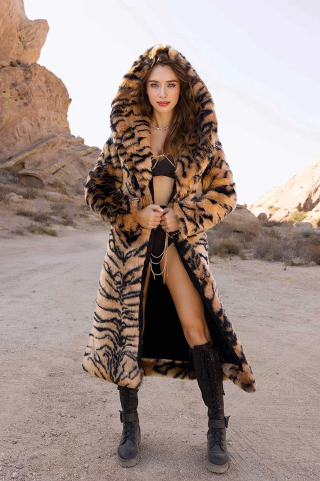 Tiger Stripe Hooded Faux Fur Coat