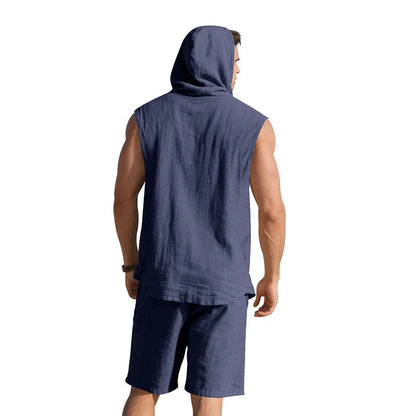 Linen Hooded Sleeveless Shirt Set
