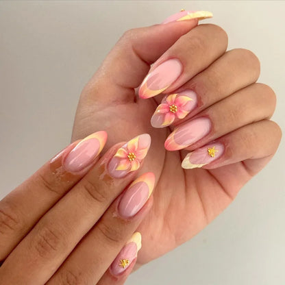 3D Flower Almond Press-On Nails