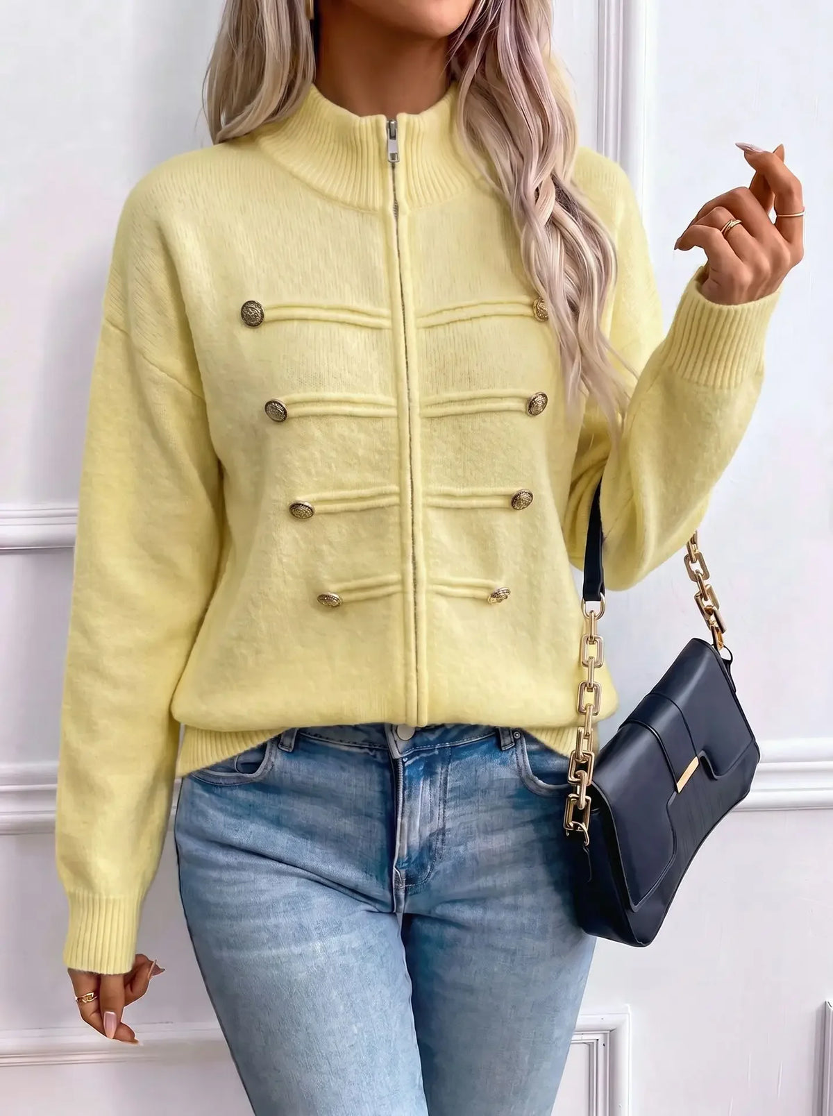 Stand Collar Zip Knit Cardigan