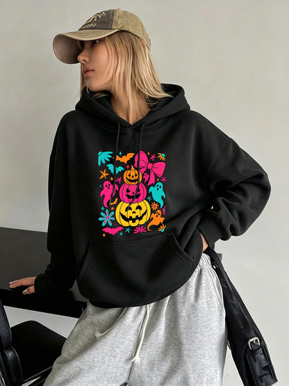 Pumpkin Bow Print Fleece Hoodie