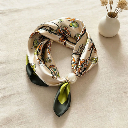 Print Scarf Silk Pearl Buckle