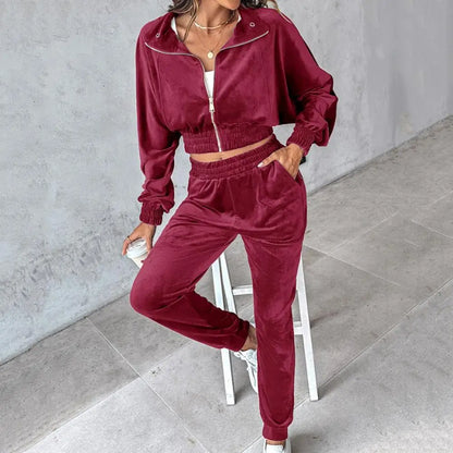 Women Velvet Two-Piece Tracksuit Set