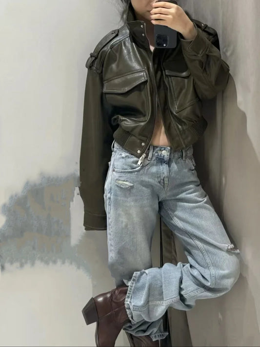 Faux Leather Motorcycle Jacket with Pockets