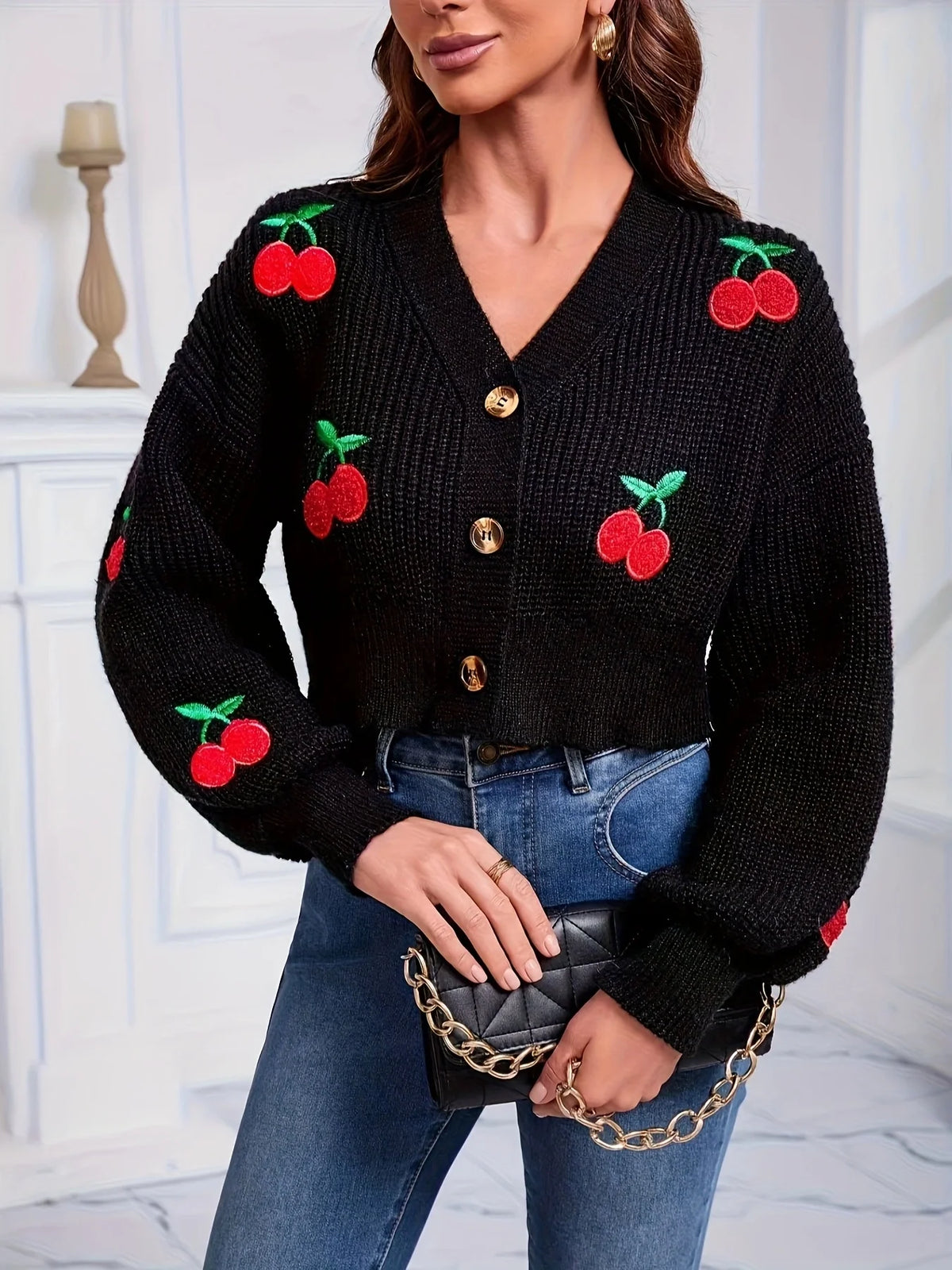 Cherry Embroidered Lantern Sleeve Cardigan