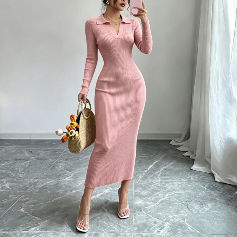 Ribbed Knit Long Sleeve Sweater Dress
