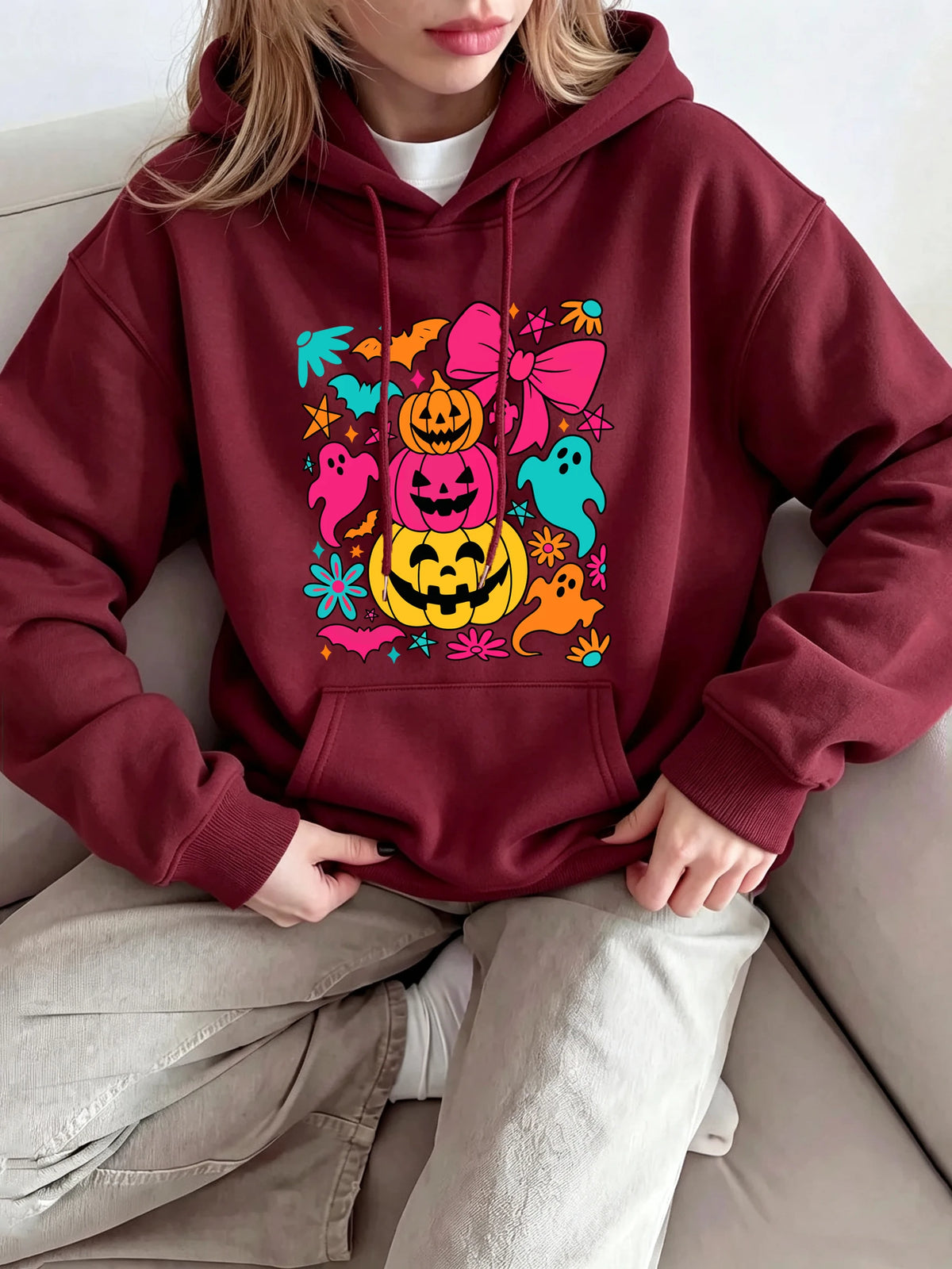 Pumpkin Bow Print Fleece Hoodie