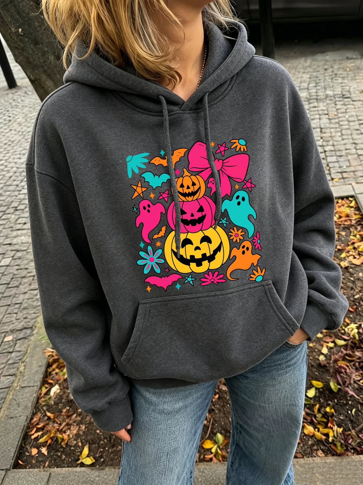 Pumpkin Bow Print Fleece Hoodie
