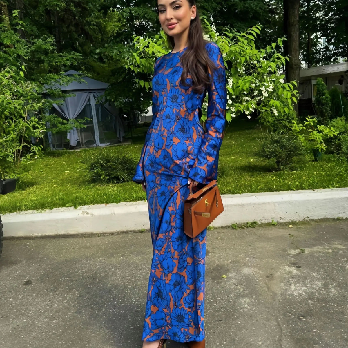 Printed Round-Neck Long Sleeve Dress