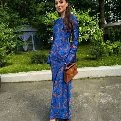 Printed Round-Neck Long Sleeve Dress