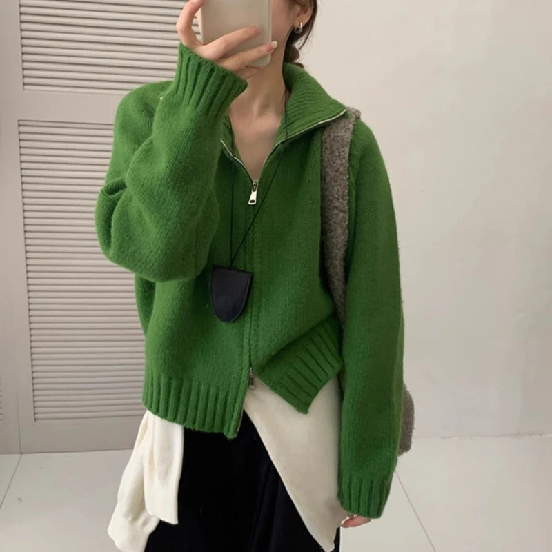 Stand Collar Double-Zip Cardigan