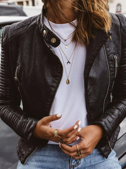 Faux Leather Stand Collar Jacket