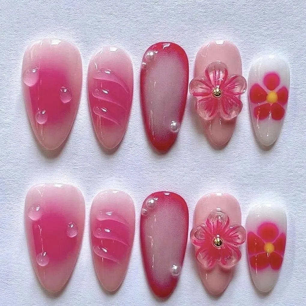 3D Flower Almond Press-On Nails