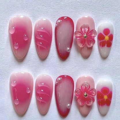 3D Flower Almond Press-On Nails