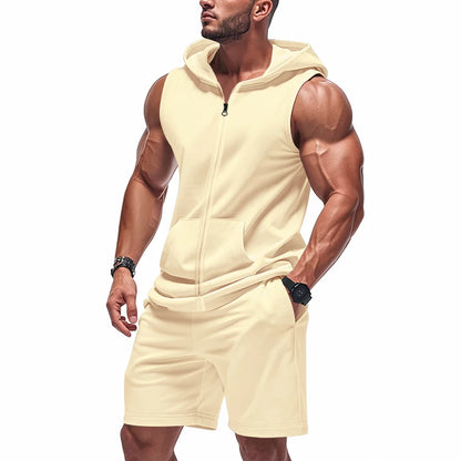 Sleeveless Zipper Hoodie Shorts Set