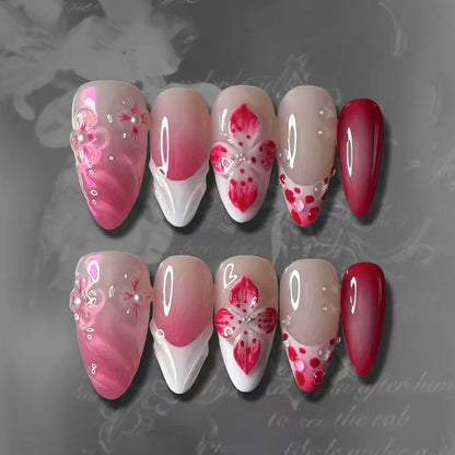 3D Flower Almond Press-On Nails