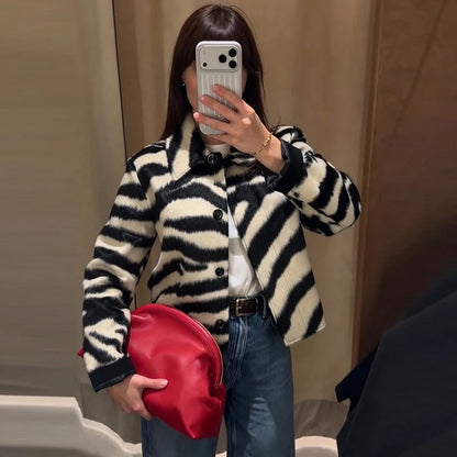 Zebra Print Faux Fur Jacket