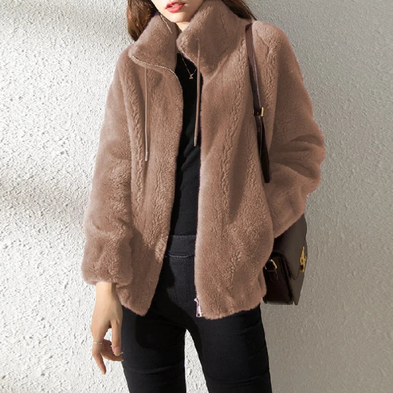 Mandarin Collar Faux Fur Coat