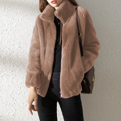 Mandarin Collar Faux Fur Coat