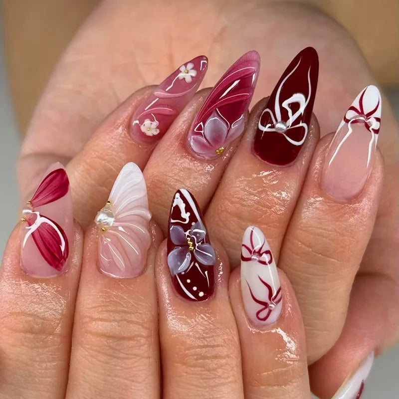 3D Flower Almond Press-On Nails