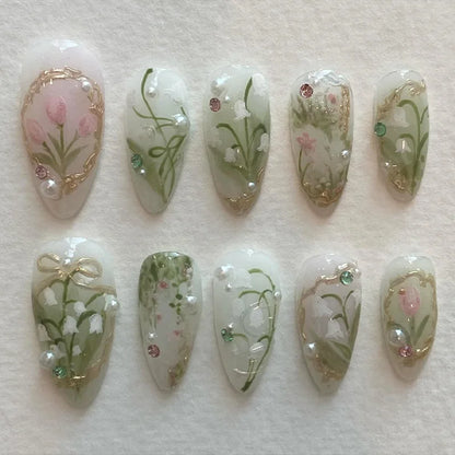 3D Flower Almond Press-On Nails