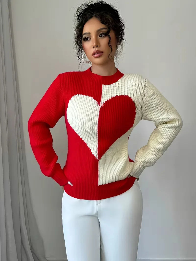 Color-Block Heart Knit Pullover