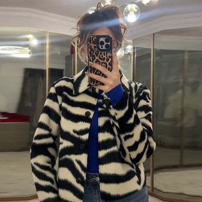 Zebra Print Faux Fur Jacket