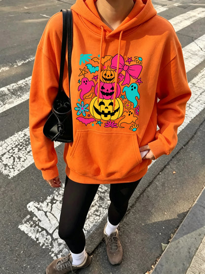 Pumpkin Bow Print Fleece Hoodie