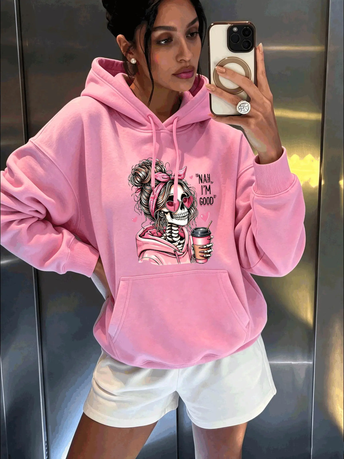 Skull Print Pocket Hoodie