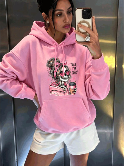 Skull Print Pocket Hoodie
