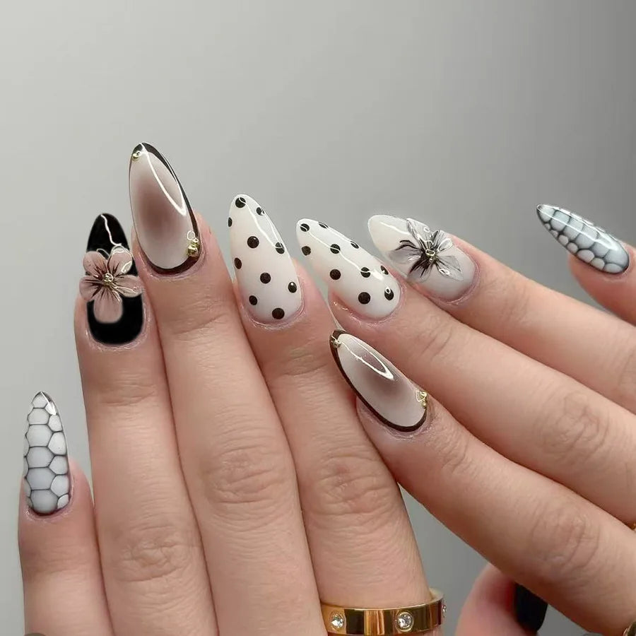3D Flower Almond Press-On Nails