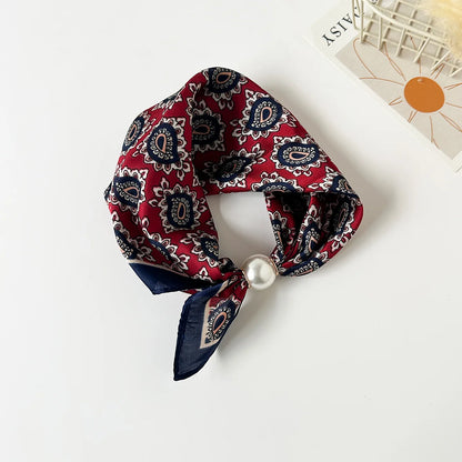 Print Scarf Silk Pearl Buckle
