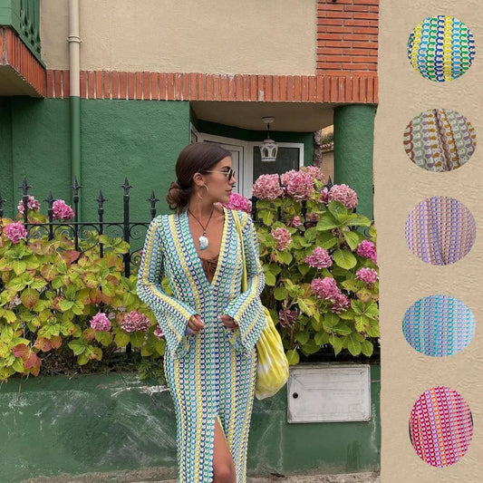 Crochet Striped Flare Sleeve Maxi Dress