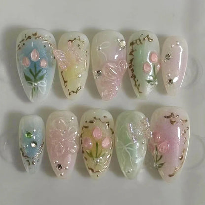 3D Flower Almond Press-On Nails