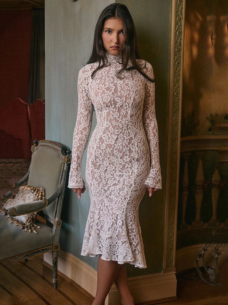 White Lace Half High Collar Midi Dress