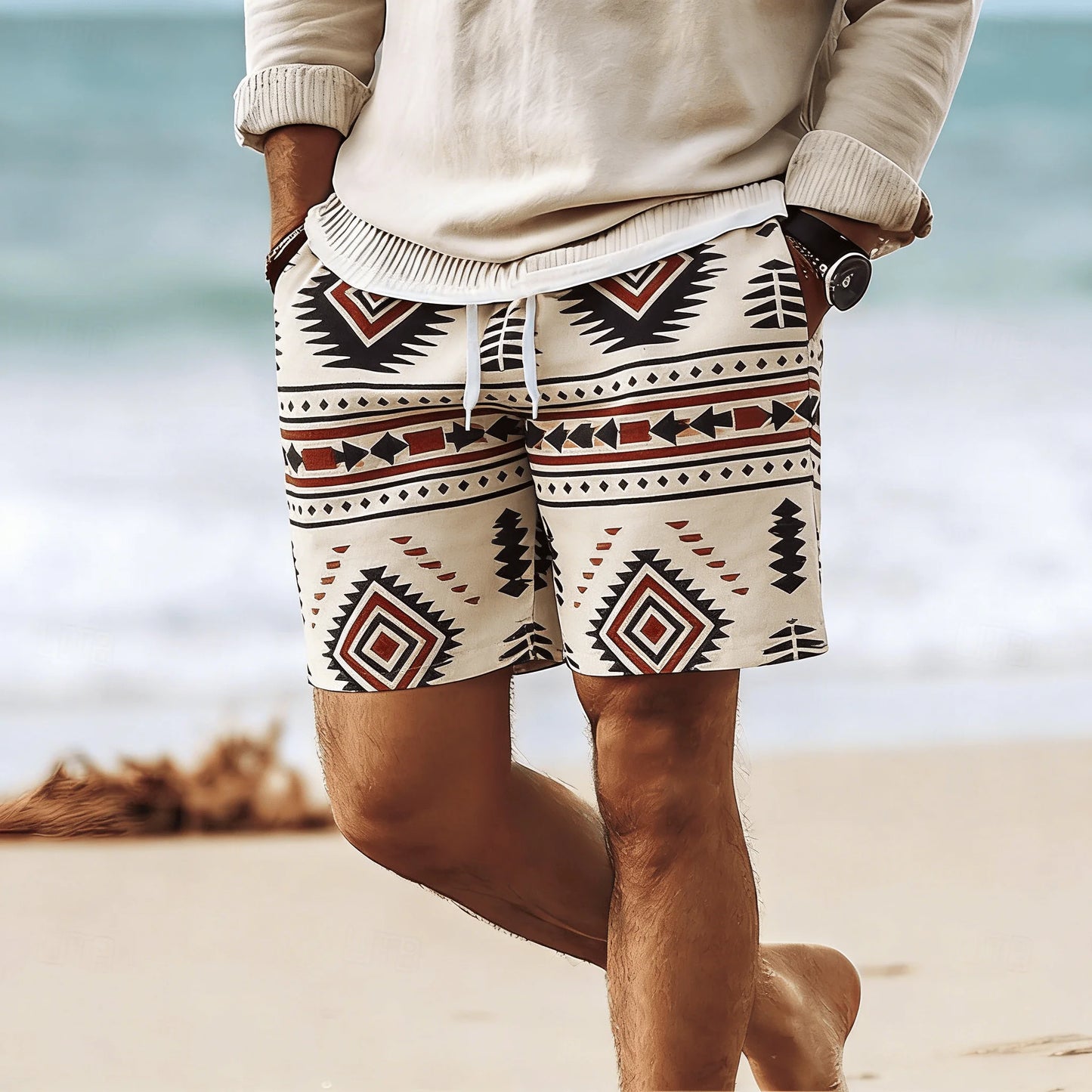 Rhombus Embroidery Drawstring Beach Shorts