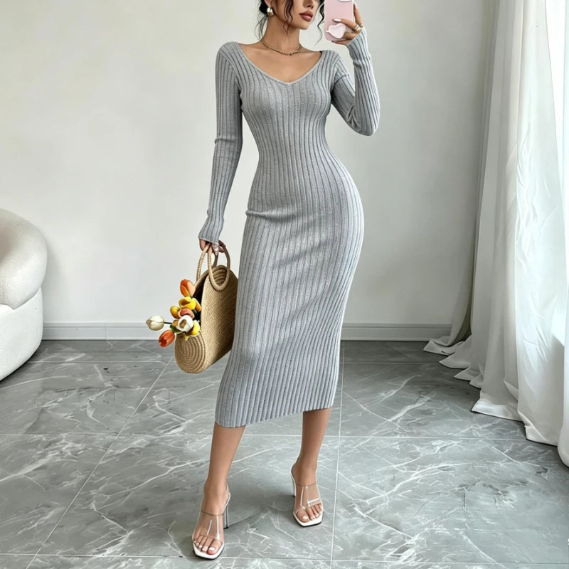 Ribbed Knit V-Neck Sweater Dress