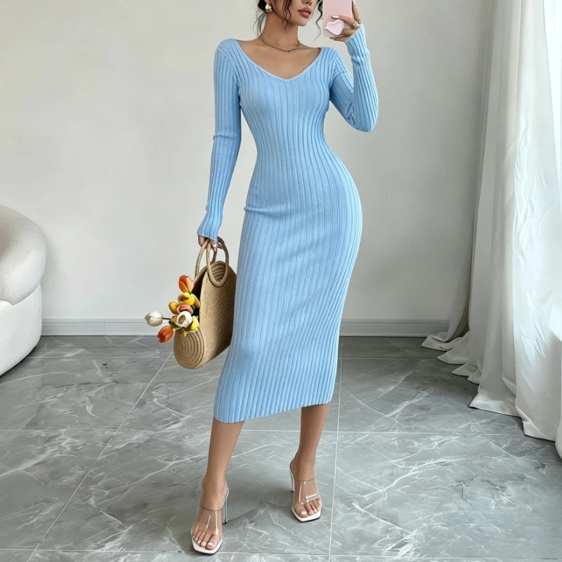 Ribbed Knit V-Neck Sweater Dress