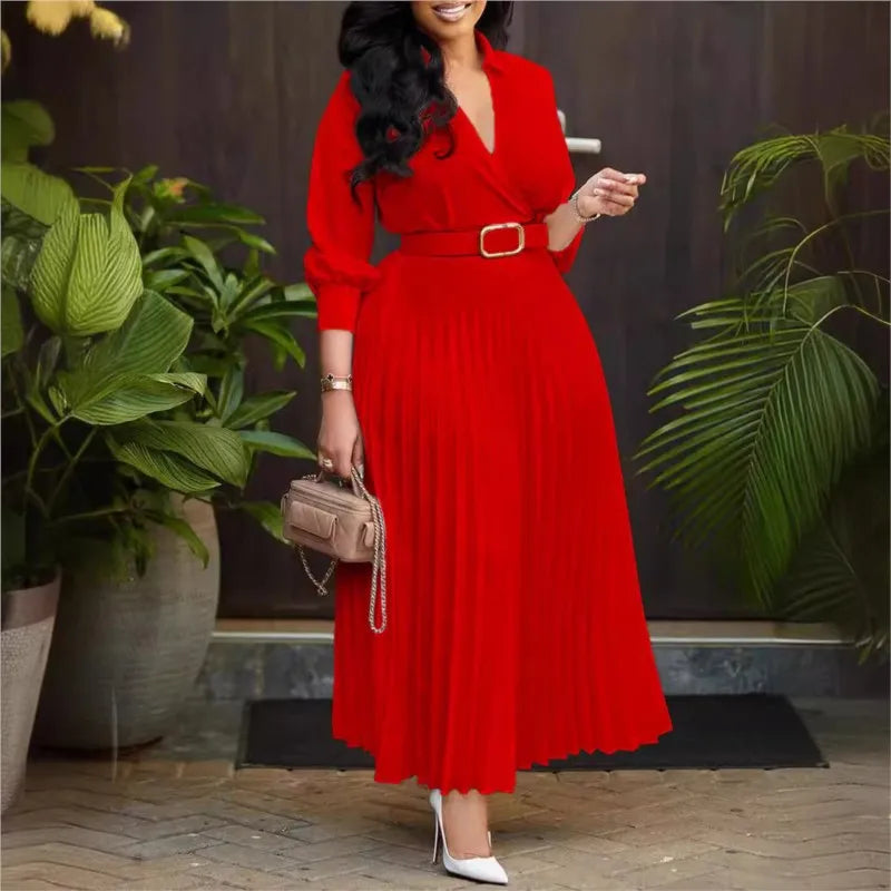 Autumn Pleated V-Neck Belt Midi Dress