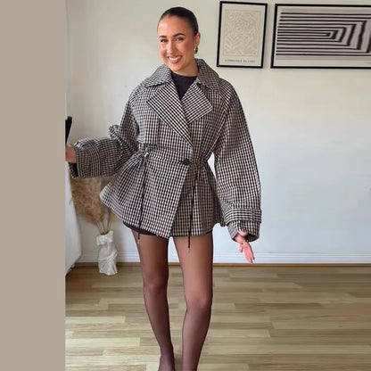 Plaid Drawstring Short Coat