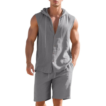 Linen Hooded Sleeveless Shirt Set