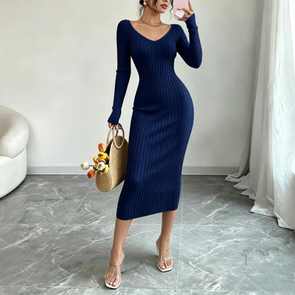 Ribbed Knit V-Neck Sweater Dress